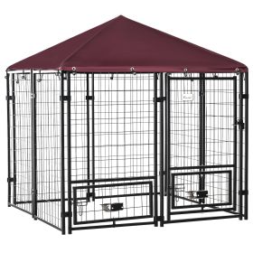 PawHut 5' x 5' Outdoor Dog Kennel with Rotating Bowl Holders, Walk-in Pet Playpen, Wire Steel with Water and UV-Resistant Canopy, Red